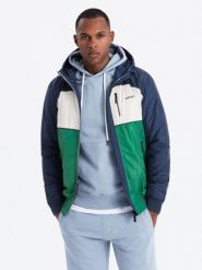 Lekka kolorowa kurtka sportowa męska z polarem – zielono-granatowa V20 OM-JANP-0194 - XXL. Zielone kurtki treningowe męskie Ombre Clothing, l, bez wzorów, z materiału. W wyprzedaży za 199.99 zł.