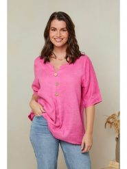 Curvy Lady Lniana bluzka w kolorze różowym rozmiar: 40/42. Różowe bluzki damskie Curvy Lady, bez wzorów, ze lnu, klasyczne, bez kołnierzyka, bez ramiączek. Za 140.53 zł.