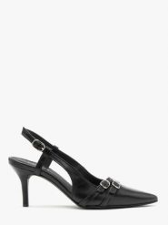 Czółenka slingback z dekoracyjnymi paskami. Czarne czółenka damskie Ryłko, bez wzorów, z gumy, bez obcasa, na szpilce. Za 429.99 zł.