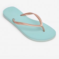 Japonki damskie Olaian 500 Gold Blue. Brązowe klapki damskie OLAIAN, bez wzorów, bez obcasa. Za 54.99 zł.