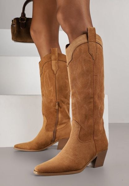 Jasnobrązowe Haftowane Kozaki Kowbojki na Stożkowym Obcasie Galianna. Brązowe kozaki damskie Renee, z jeansu, bez obcasa, na obcasie. Za 129.99 zł.