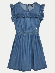 Guess Sukienka jeansowa J4GK02 D5C70 Granatowy Regular Fit. Niebieskie sukienki dziewczęce Guess, z aplikacjami, z jeansu, bez ramiączek. Za 349.99 zł.