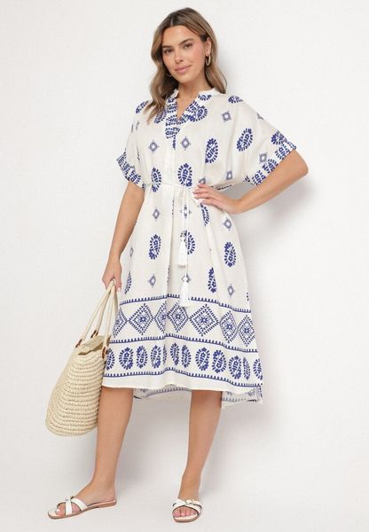 Niebiesko-Kremowa Wiskozowa Sukienka Boho o Pudełkowym Kroju z Rozcięciami Nelbia. Niebieskie sukienki damskie Born2be, na co dzień, na lato, l, bez wzorów, z wiskozy, boho, bez kołnierzyka, bez ramiączek. Za 79.99 zł.