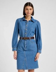 DAMSKA SUKIENKA JEANSOWA LEE LONG SLEEVE DRESS FINE BLUE 112370996. Niebieskie sukienki damskie Lee, m, bez wzorów, z jeansu, bez kołnierzyka, bez ramiączek. Za 249.99 zł.