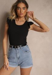 Czarny Top z Ozdobnymi Falbanami Zamiast Rękawów Quinell. Czarne topy damskie Renee, l, bez wzorów, bez kołnierzyka. Za 29.99 zł.