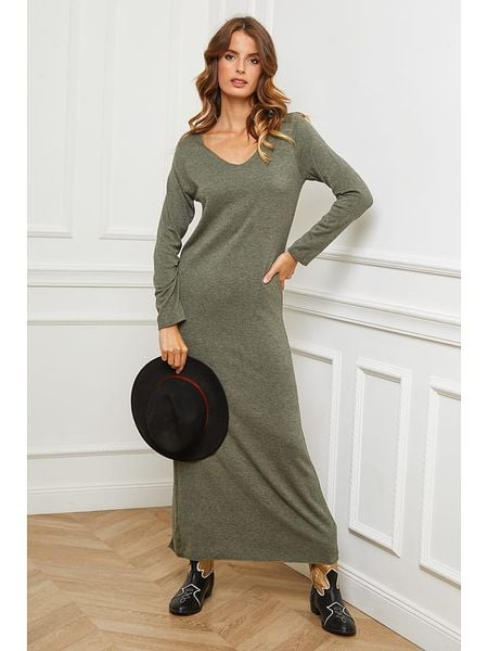 So Cachemire Sukienka dzianinowa "Abalone" w kolorze oliwkowym rozmiar: L. Brązowe sukienki damskie So Cachemire, na co dzień, l, bez wzorów, z dzianiny, bez kołnierzyka, bez ramiączek, maxi, proste. Za 165.99 zł.