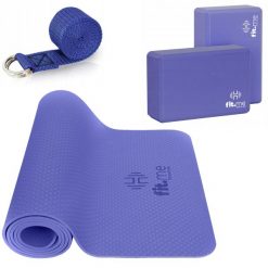 Zestaw mata do jogi, 2 kostki do jogi i pasek do jogi FIT.ME. Niebieskie paski męskie FIT.ME, bez wzorów, sportowe. Za 159.99 zł.