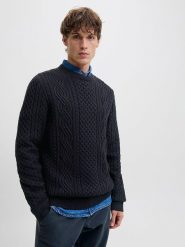 Jack & Jones Sweter w kolorze granatowym rozmiar: L. Niebieskie swetry męskie Jack & Jones, l, bez wzorów, ze splotem, bez kołnierzyka. Za 136.13 zł.