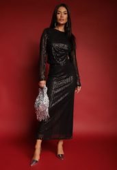 Czarna Koktajlowa Spódnica z Ozdobnym Wycięciem i Cekinami Nalorea. Czarne spódniczki damskie Renee, l, bez wzorów, eleganckie, maxi. Za 109.99 zł.