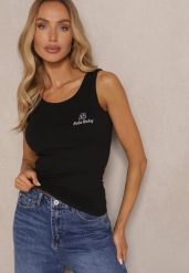 Czarny Top z Wiskozą i Ozdobnym Nadrukiem Amotia. Czarne topy damskie Renee, m, bez wzorów, z jeansu, bez kołnierzyka. Za 39.99 zł.