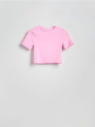 Krótki t-shirt - różowy. Czerwone t-shirty damskie Reserved, l, bez wzorów, z dzianiny, bez kołnierzyka. W wyprzedaży za 25.99 zł.