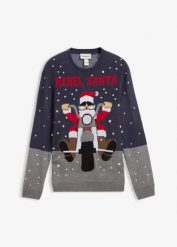Sweter z bożonarodzeniowym motywem. Niebieskie swetry męskie bonprix, m, z aplikacjami, bez kołnierzyka. Za 129.99 zł.