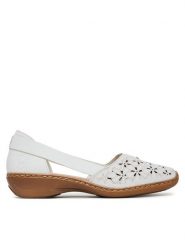 Rieker Półbuty 41356-80 Biały. Białe półbuty damskie Rieker, bez wzorów, ze skóry, bez obcasa, na płaskiej podeszwie. Za 179.99 zł.