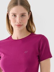 4F T-shirt slim gładki damski - fioletowy M. Fioletowe t-shirty damskie 4f, m, bez wzorów, z bawełny, bez kołnierzyka. W wyprzedaży za 29.99 zł.