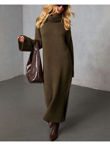 Milan Kiss Sukienka dzianinowa w kolorze khaki rozmiar: XL. Brązowe sukienki damskie Milan Kiss, na co dzień, xl, bez wzorów, z dzianiny, bez kołnierzyka, bez ramiączek, maxi, proste. Za 215.21 zł.