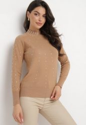 Ciemnobeżowy Sweter z Golfem Ozdobiony Kompozycją z Cyrkonii Ruittes. Brązowe golfy damskie Born2be, s, z aplikacjami, bez ramiączek. Za 54.99 zł.