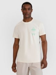 4F T-shirt regular z nadrukiem męski - biały S. Białe t-shirty męskie 4f, m, bez wzorów, z bawełny, bez kołnierzyka. W wyprzedaży za 49.99 zł.