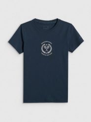 4F T-shirt slim z nadrukiem damski - granatowy S. Niebieskie t-shirty damskie 4f, s, bez wzorów, z bawełny, bez kołnierzyka. Za 59.99 zł.