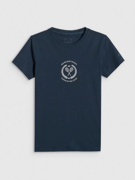 4F T-shirt slim z nadrukiem damski - granatowy S. Niebieskie t-shirty damskie 4f, s, bez wzorów, z bawełny, bez kołnierzyka. Za 59.99 zł.