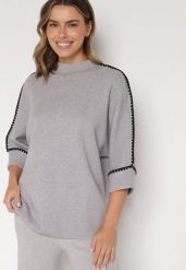 Szary Sweter z Kontrastową Lamówką Tuselle. Szare swetry klasyczne damskie Born2be, z jeansu, bez kołnierzyka. Za 109.99 zł.