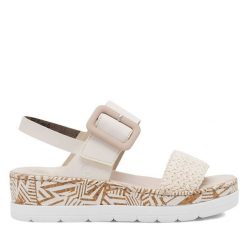 Sandały Rieker. Białe sandały damskie Rieker, bez wzorów, bez obcasa, na koturnie. Za 299.99 zł.