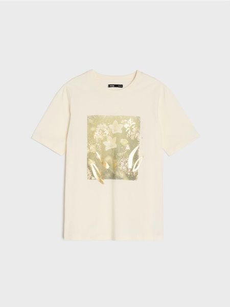 Bawełniana koszulka z krótkim rękawem i złotym nadrukiem - kremowy. Białe t-shirty damskie Sinsay, l, bez wzorów, z bawełny, bez kołnierzyka. W wyprzedaży za 14.99 zł.