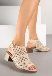 Beżowe Sandały Botki na Słupku z Ażurową Cholewką i Noskiem Peep Toe Lanira. Brązowe sandały damskie Born2be, w ażurowe wzory, z jeansu, bez obcasa, na obcasie. Za 99.99 zł.