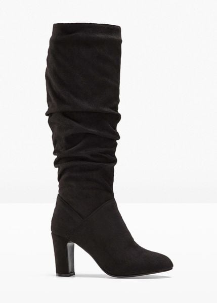 Kozaki z marszczoną cholewką. Czarne kozaki damskie bonprix, ze skóry, bez obcasa, na słupku. Za 219.99 zł.