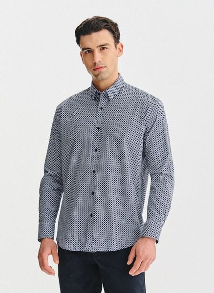 PAKO LORENTE – Granatowa koszula we wzór geometryczny. Koszule męskie Pako Lorente, xxl, bez wzorów, z bawełny, bez kołnierzyka, bez ramiączek. Za 299.99 zł.