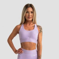 Stanik damski fitness z wyciętymi plecami Limitless. Fioletowe biustonosze sportowe damskie GYMBEAM, bez wzorów, z elastanu. Za 85.90 zł.