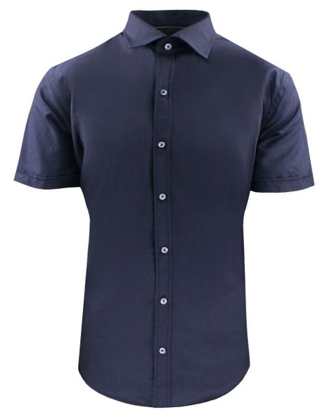 Taliowana Koszula Elegancka, Krótki Rękaw - Quickside - Granatowa. Niebieskie koszule męskie Quickside, m, bez wzorów, z bawełny, bez kołnierzyka, bez ramiączek. Za 159.00 zł.