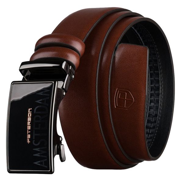 Brązowy, elegancki pasek męski ze skóry naturalnej z automatyczną klamrą - Peterson. Brązowe paski męskie Peterson, bez wzorów, ze skóry, eleganckie. Za 69.99 zł.