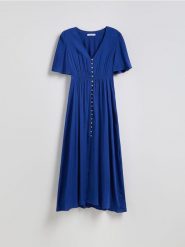 Sukienka midi - niebieski. Niebieskie sukienki damskie Reserved, na co dzień, l, bez wzorów, z tkaniny, bez kołnierzyka, bez ramiączek, midi, proste. Za 139.99 zł.