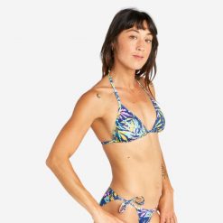Góra kostiumu kąpielowego surfingowego damska Olaian Mae Cuty. Niebieskie bikini damskie Decathlon, bez wzorów. Za 19.99 zł.