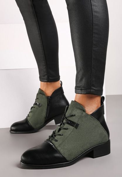 Zielone Sznurowane Botki na Płaskiej Podeszwie Ozdobione Rivianne. Zielone botki damskie Renee, z materiału, eleganckie, bez obcasa, na płaskiej podeszwie, bez zapięcia. Za 129.99 zł.