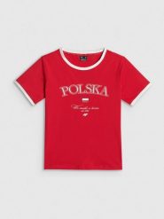 4F Koszulka kibica damska - czerwona XS. Czerwone bluzki sportowe damskie 4f, xs, z bawełny, bez kołnierzyka, bez ramiączek. Za 59.99 zł.