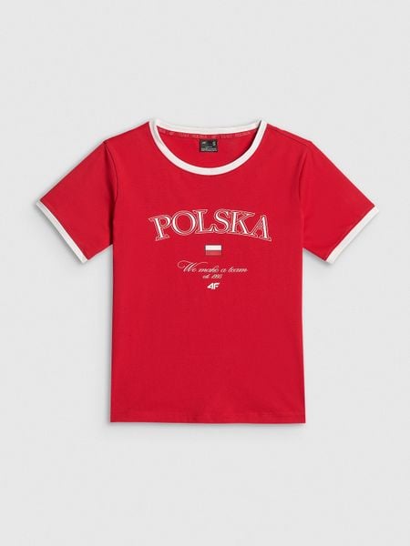 4F Koszulka kibica damska - czerwona S. Czerwone bluzki sportowe damskie 4f, s, z bawełny, bez kołnierzyka, bez ramiączek. Za 59.99 zł.