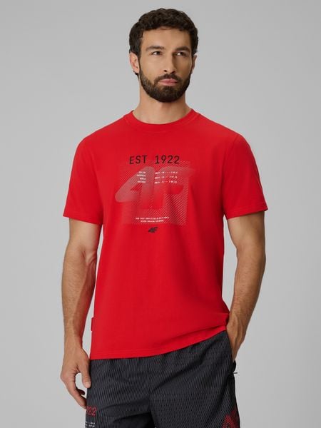 4F T-shirt regular z nadrukiem męski - czerwony XL. Czerwone t-shirty męskie 4f, m, bez wzorów, z materiału, bez kołnierzyka. Za 69.99 zł.