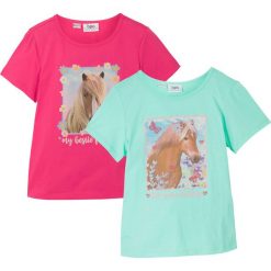 T-shirt z czystej bawełny organicznej (2 szt.). Zielone koszulki dziewczęce bonprix, bez wzorów, z bawełny, bez ramiączek. Za 45.98 zł.