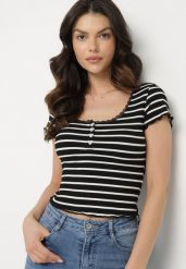 Czarny Bawełniany T-shirt w Paski z Koronką i Guzikami Panirea. Czarne t-shirty damskie Born2be, m, bez wzorów, z bawełny, bez kołnierzyka. Za 54.99 zł.