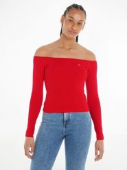 TOMMY JEANS Sweter w kolorze czerwonym rozmiar: XL. Czerwone swetry klasyczne damskie Tommy Jeans, xl, z jeansu, bez kołnierzyka. Za 109.78 zł.
