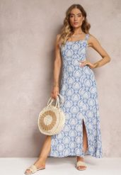 Niebieska Wiskozowa Sukienka Maxi w Kwiaty z Cienkimi Gumkami Janitza. Niebieskie sukienki damskie Renee, na lato, l, bez wzorów, z wiskozy, bez kołnierzyka, bez ramiączek, maxi. W wyprzedaży za 76.99 zł.