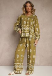 Ciemnozielony Komplet w Stylu Etno Spodnie z Gumką w Pasie i Bluzka Oversize Eviralyn. Zielone spodnie materiałowe damskie Renee, bez wzorów, eleganckie. Za 89.99 zł.