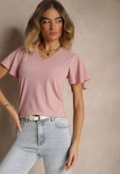 Różowa Bluzka Ozdobiona Rozkloszowanymi Rękawami Sunetha. Czerwone bluzki damskie Renee, m, bez wzorów, z jeansu, eleganckie, bez kołnierzyka, bez ramiączek. Za 34.99 zł.