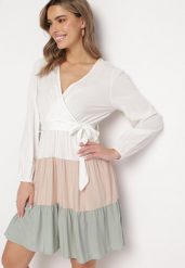 Biało-Zielona Sukienka Mini Z Gumką w Paskiem w Talii Tixia. Białe sukienki damskie Born2be, l, bez wzorów, bez kołnierzyka, bez ramiączek, mini. Za 79.99 zł.