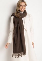 Ciemnobrązowy Szalik z Bawełną i Wiskozą Ozdobiony Frędzlami Siadortia. Brązowe szaliki i kominy damskie Born2be, bez wzorów, z bawełny. Za 49.99 zł.