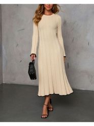 Milan Kiss Sukienka dzianinowa w kolorze beżowym rozmiar: XL. Brązowe sukienki damskie Milan Kiss, xl, bez wzorów, z dzianiny, bez kołnierzyka, bez ramiączek, midi. Za 152.99 zł.