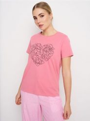 Bawełniana koszulka z nadrukiem - różowy. Czerwone t-shirty damskie Sinsay, l, bez wzorów, z bawełny, bez kołnierzyka. Za 9.99 zł.