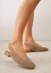 Ciemnobeżowe Balerinki Slingback z Cholewką z Plecionki Lilinova. Brązowe baleriny damskie Renee, bez wzorów, bez obcasa. Za 99.99 zł.