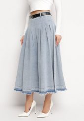 Jasnoniebieska Spódnica Jeansowa Rozkloszowana z Paskiem z Ekoskóry Nalier. Niebieskie spódniczki damskie Born2be, l, bez wzorów, z jeansu, eleganckie, maxi, koszulowe. Za 179.99 zł.